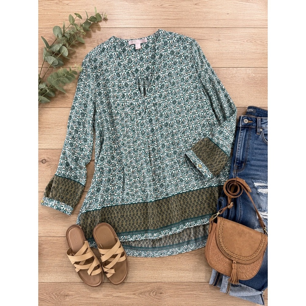Forever 21 Green Paisley Border Print Tunic Top Small S Boho Woodsy Peasant